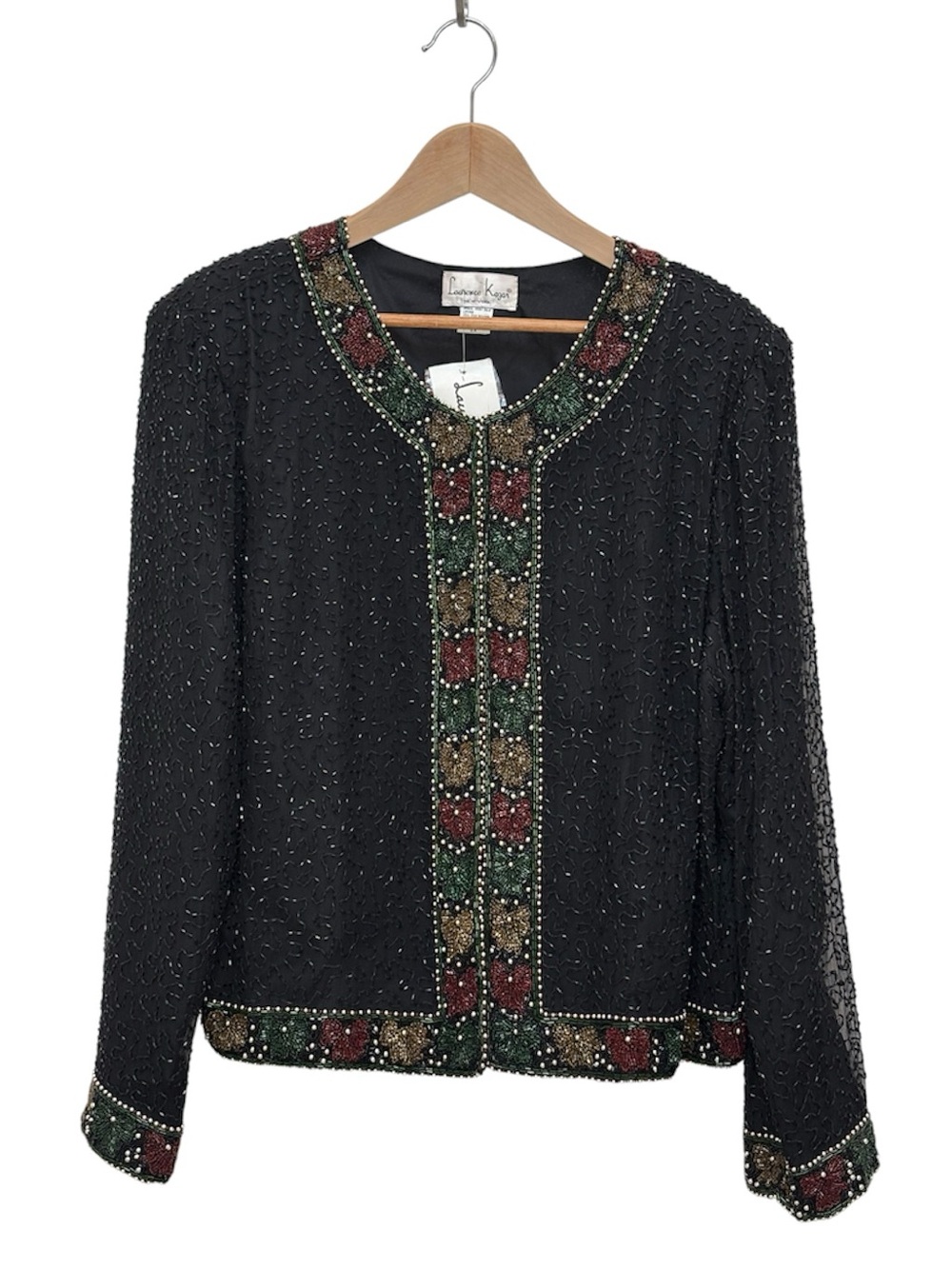 Vintage Laurence Kazar Silk Beaded Jacket Size 2X Festive Bows Holiday Black NEW